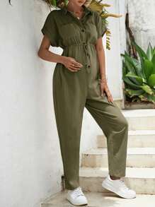 SHEIN 孕婦蝙蝠袖腰部抽繩襯衫連體褲 - 軍綠色 - 查看 4