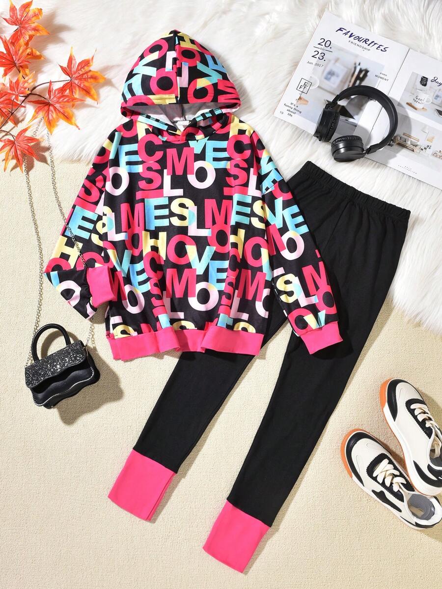 Vihyde Tween Girls Cool Color Block Letter Print Long Sleeve Hoodie & Sweatpants 2 Pieces Outfit Set - Multicolor - View 1