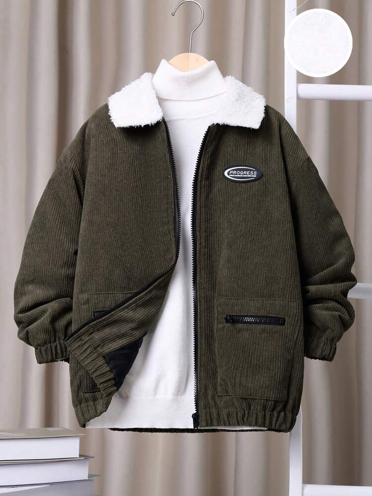 SHEIN Tween Boy Letter Patched Detail Borg Collar Teddy Lined Zipper Corduroy Padded Coat Without Sweater - Army Green - View 1