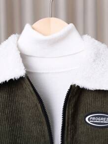 SHEIN Tween Boy Letter Patch Patched Chi tiết cổ áo Borg Teddy lót dây kéo Áo khoác nhung có đệm không có áo len - xanh quân đội - Xem 3