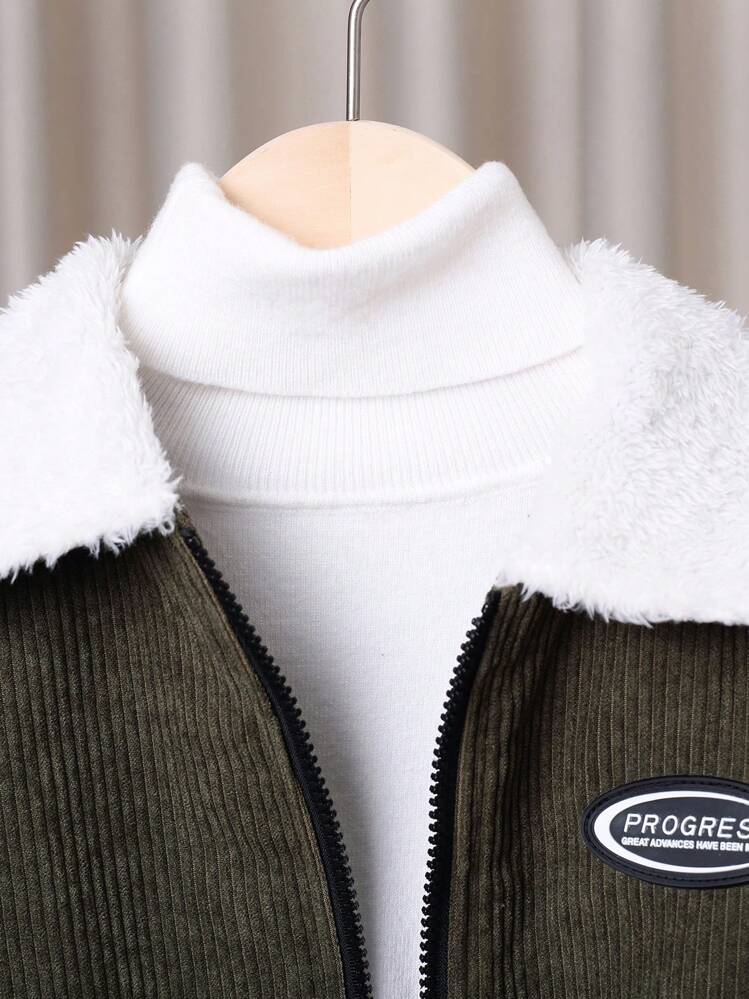 SHEIN Tween Boy Letter Patched Detail Borg Collar Teddy Lined Zipper Corduroy Padded Coat Without Sweater - Army Green - View 3
