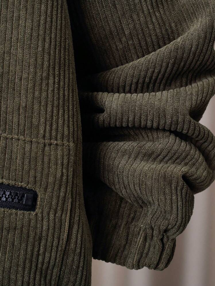 SHEIN Tween Boy Letter Patched Detail Borg Collar Teddy Lined Zipper Corduroy Padded Coat Without Sweater - Army Green - View 5