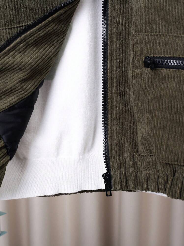 SHEIN Tween Boy Letter Patched Detail Borg Collar Teddy Lined Zipper Corduroy Padded Coat Without Sweater - Army Green - View 7