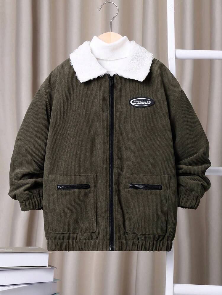 Tween Boy Letter Patched Detail Borg Collar Teddy Lined Zipper Corduroy Padded Coat Without Sweater