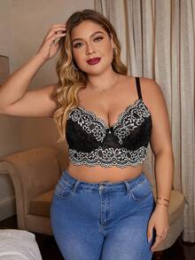 Plus Floral Lace Underwire Bra - Black and White - View 3