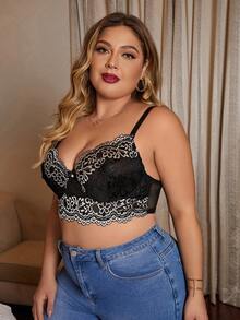Plus Floral Lace Underwire Bra - Black and White - View 4