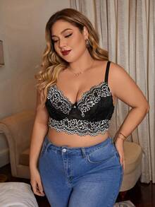 Plus Floral Lace Underwire Bra - Black and White - View 5