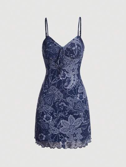 SHEIN MOD Floral Print Lettuce Trim Cami Dress