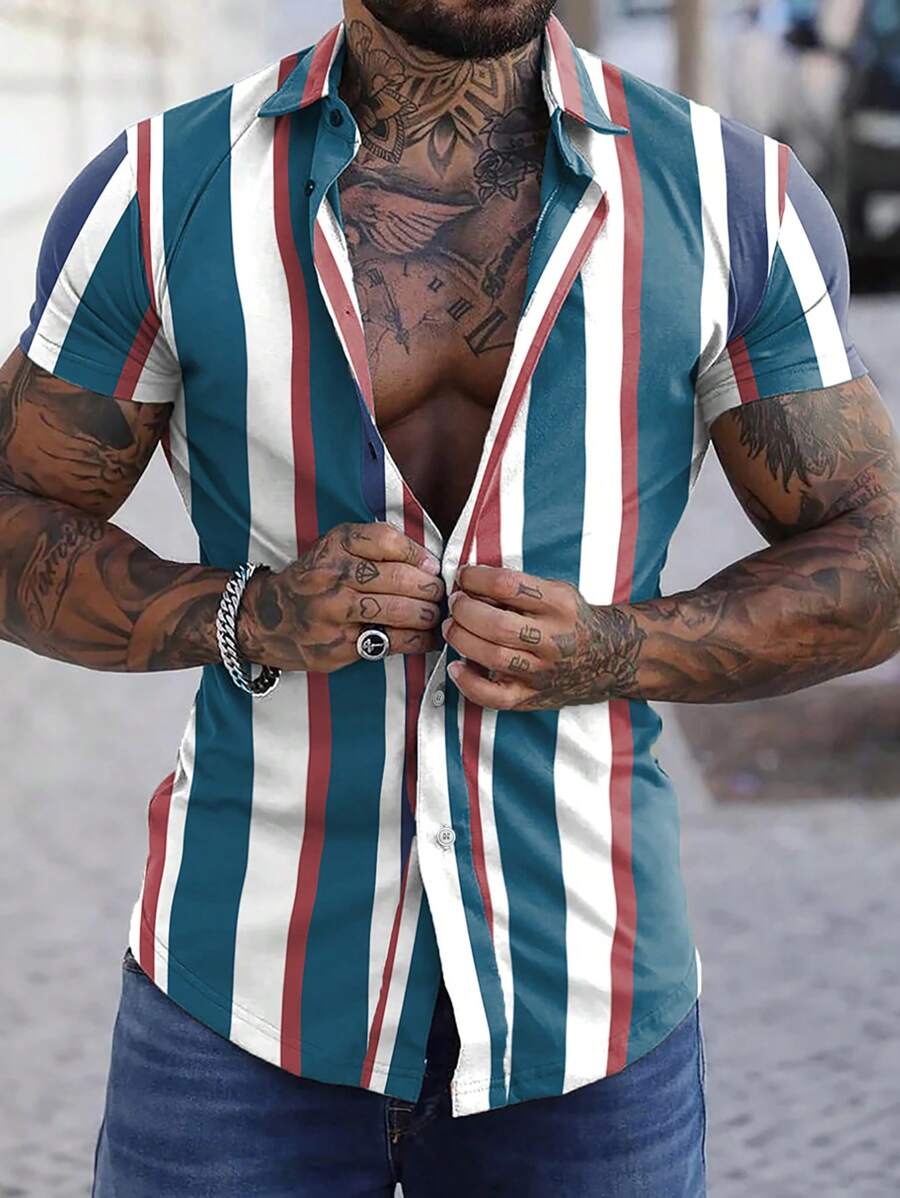 男士條紋印花襯衫 - 彩色 - 查看 1