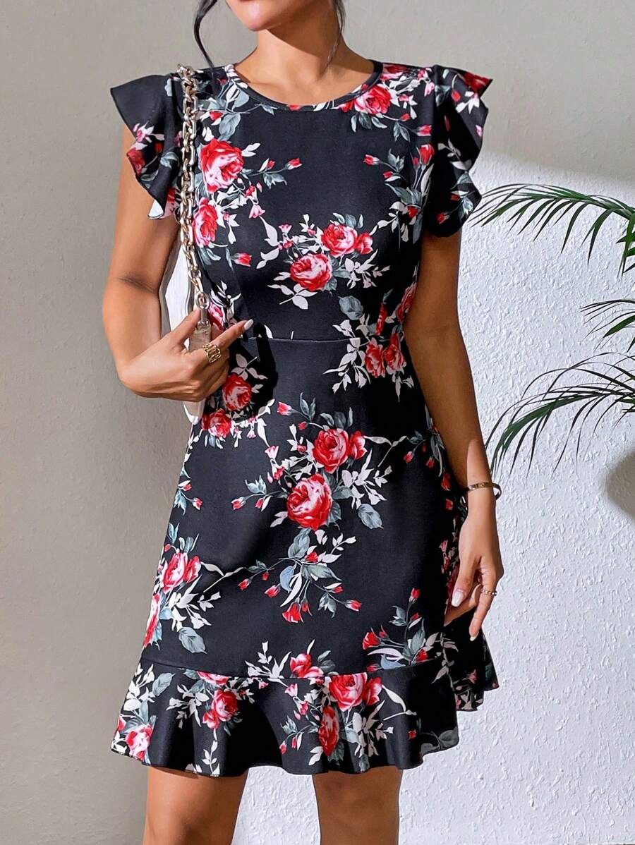SHEIN VCAY Vestido con estampado floral ribete con fruncido bajo con fruncido - Negro - Ver 1