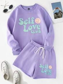 SHEIN Unity Slogan Graphic Drop Shoulder Sweatshirt & Shorts - Purple - View 1