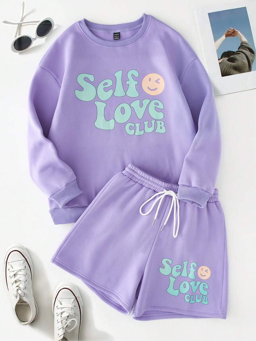 SHEIN Unity Slogan Graphic Drop Shoulder Sweatshirt & Shorts - Purple - View 1