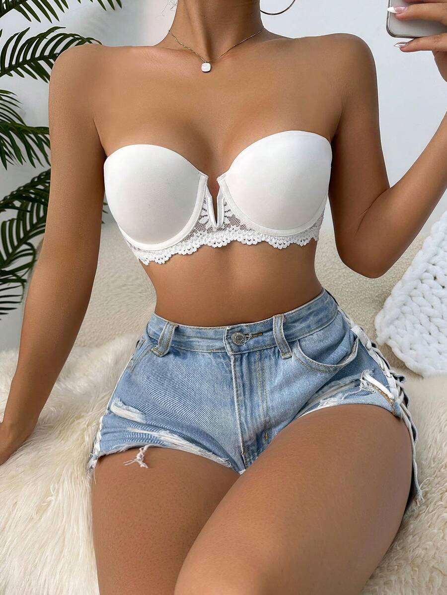 Sujetador con encaje en contraste con aro - Blanco - Ver 1