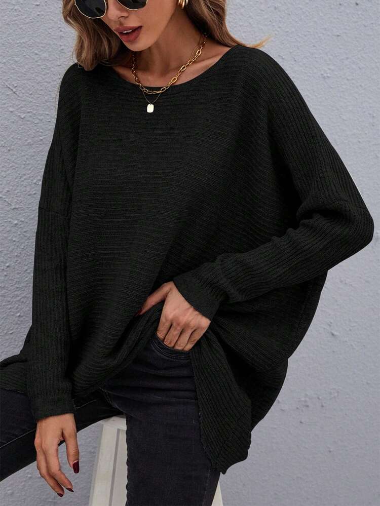 Solid Drop Shoulder Oversized Sweater,Long Sleeve Tops Knit Pullover Fall Winter Sweater