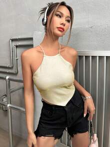 SHEIN Unity Áo hai dây hở lưng đính đá viền bất đối xứng thời trang nữ, mùa hè - Nhiều màu - Xem 3