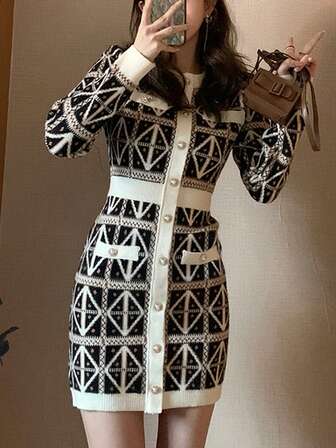 Geo Pattern Button Front Sweater Dress