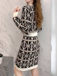 幾何圖案前紐扣毛衣裙