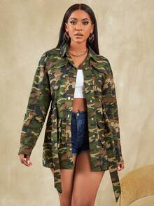 Đường phố Camo In Thả vai Bốn Túi có nắp Thắt lưng áo Mùa Thu Váy sơ mi - Nhiều màu - Xem 6