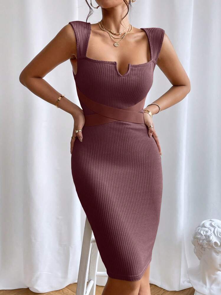 SHEIN Privé Notched Neckline Ribbed Knit Bodycon Dress - Purple - View 3