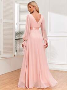 V领长袖雪纺伴娘礼服，优雅连衣裙