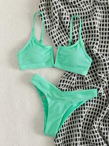 SHEIN Swim Summer Beach Ribbed V Wired Buckle Back Cami Bra & High Cut Bottom 2 Piece Bathing Suit - Mint Green - View 3