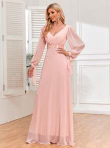 V领长袖雪纺伴娘礼服，优雅连衣裙