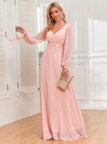 V领长袖雪纺伴娘礼服，优雅连衣裙