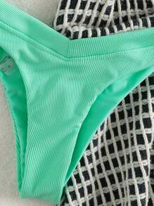 SHEIN Swim Summer Beach Ribbed V Wired Buckle Back Cami Bra & High Cut Bottom 2 Piece Bathing Suit - Mint Green - View 5