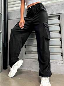 SHEIN Unity 側翻蓋口袋腰部抽繩衛褲 - 黑色 - 查看 1