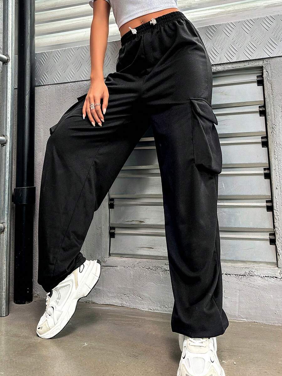 SHEIN Unity 側翻蓋口袋腰部抽繩衛褲 - 黑色 - 查看 1