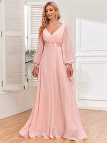 V领长袖雪纺伴娘礼服，优雅连衣裙