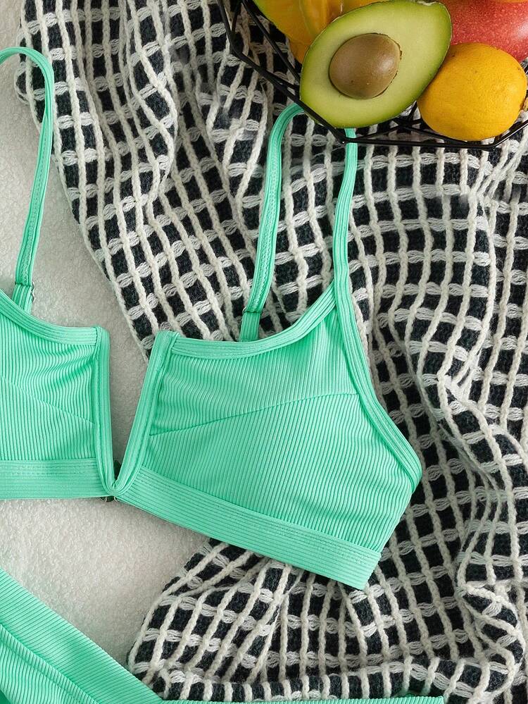 SHEIN Swim Traje de baño de 2 piezas con bottom acanalada en V con aros y hebilla en la espalda y bottom de corte alto - verde menta - Añade 6