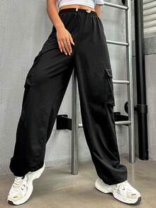 SHEIN Unity 側翻蓋口袋腰部抽繩衛褲 - 黑色 - 查看 3