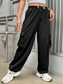 SHEIN Unity 側翻蓋口袋腰部抽繩衛褲 - 黑色 - 查看 6