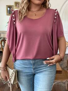 Calvaya 大碼紐扣細節荷葉袖T恤 - 粉色 - 查看 3