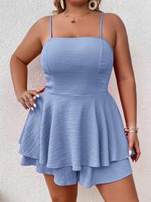 Dreamara 大碼素色荷葉邊下擺腰吊帶裙裤連身短褲 - 藍色 - 查看 3