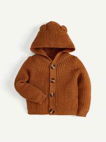 Cozy Pixies Baby Girls' Hooded Cardigan With 3d Ears Detail, Long Sleeve Casual Knit Sweater - Brown - View 4