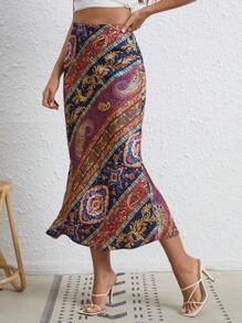 SHEIN VCAY 波西米亞拉鍊佩斯利花紋 民族風女士半身裙 - 彩色 - 查看 1