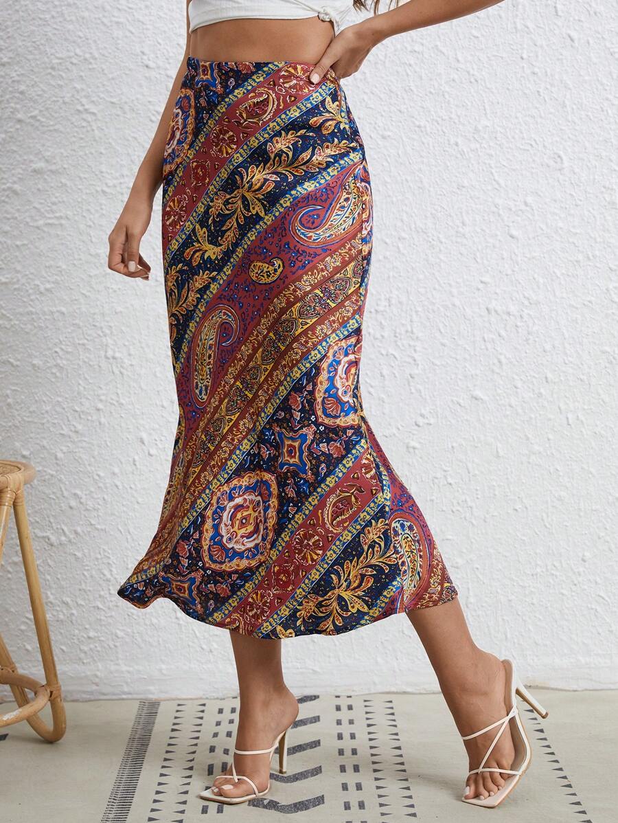 SHEIN VCAY 波西米亞拉鍊佩斯利花紋 民族風女士半身裙 - 彩色 - 查看 1