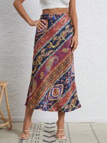 SHEIN VCAY 波西米亞拉鍊佩斯利花紋 民族風女士半身裙 - 彩色 - 查看 3