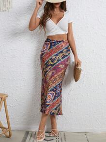 SHEIN VCAY 波西米亞拉鍊佩斯利花紋 民族風女士半身裙 - 彩色 - 查看 4