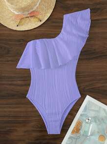 荷葉邊單肩連體泳衣 - 紫丁香色 - 查看 3