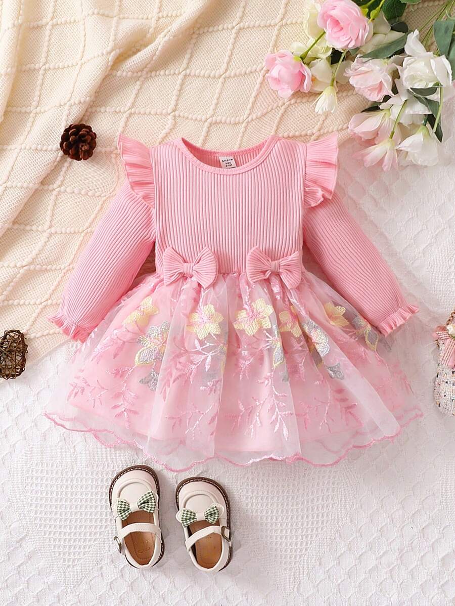 Bebé niña Vestido de malla ribete con fruncido con lazo delantero con bordado floral - Rosa Pálido - Ver 1