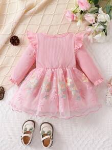 Bebé niña Vestido de malla ribete con fruncido con lazo delantero con bordado floral - Rosa Pálido - Ver 2