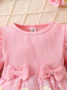 Bebé niña Vestido de malla ribete con fruncido con lazo delantero con bordado floral - Rosa Pálido - Ver 3