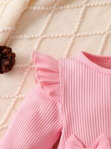 Bebé niña Vestido de malla ribete con fruncido con lazo delantero con bordado floral - Rosa Pálido - Ver 4