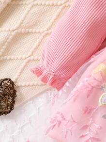 Bebé niña Vestido de malla ribete con fruncido con lazo delantero con bordado floral - Rosa Pálido - Ver 5