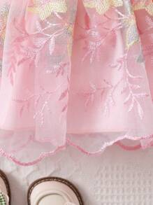 Bebé niña Vestido de malla ribete con fruncido con lazo delantero con bordado floral - Rosa Pálido - Ver 6