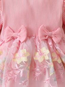 Bebé niña Vestido de malla ribete con fruncido con lazo delantero con bordado floral - Rosa Pálido - Ver 7