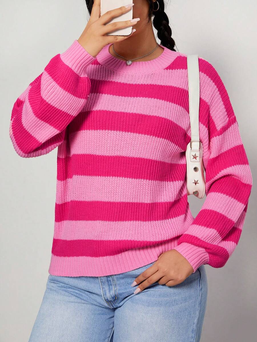 SHEIN EZwear Plus Striped Pattern Drop Shoulder Sweater - Hot Pink - View 1